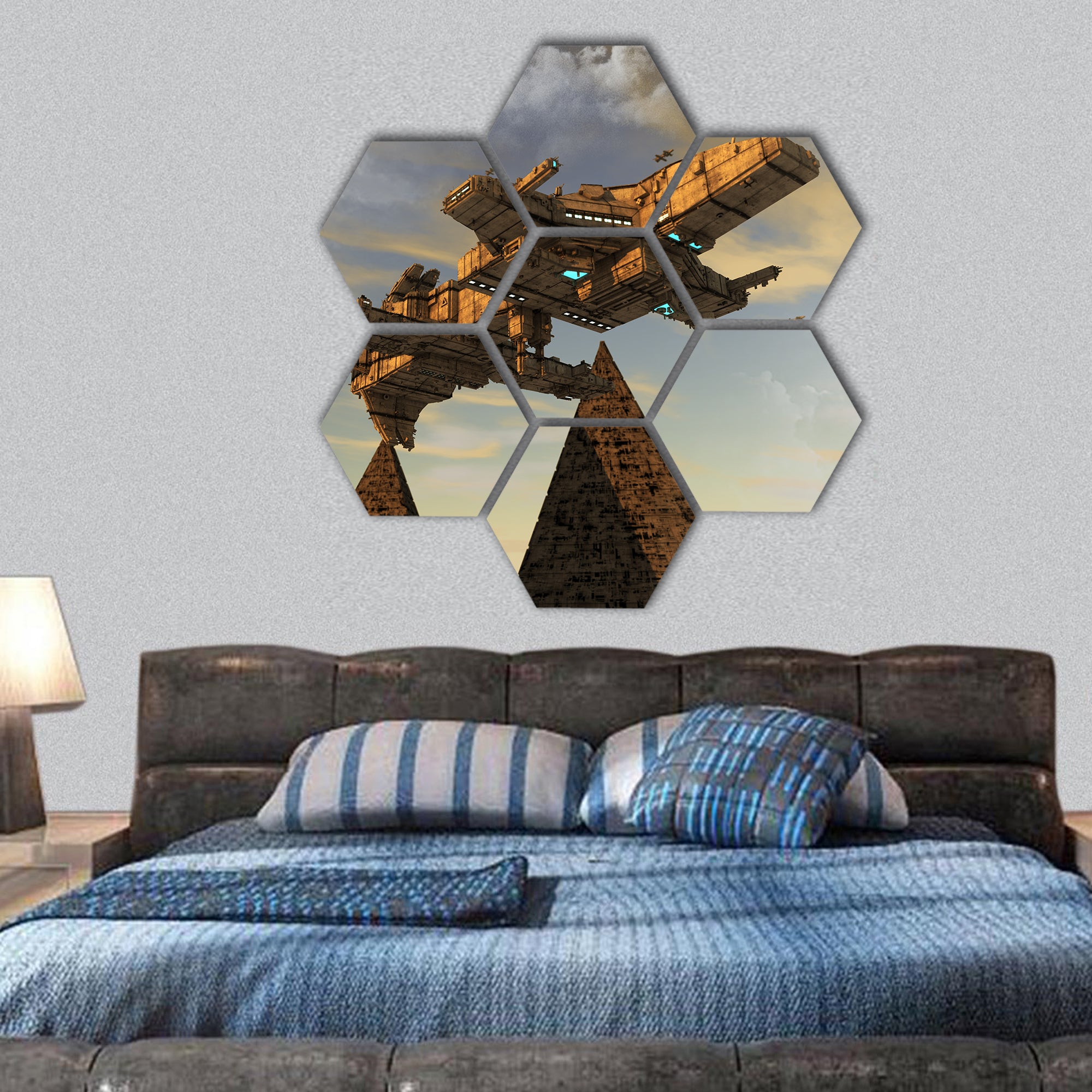 Futuristic UFO alien ship concept hexagonal canvas wall art