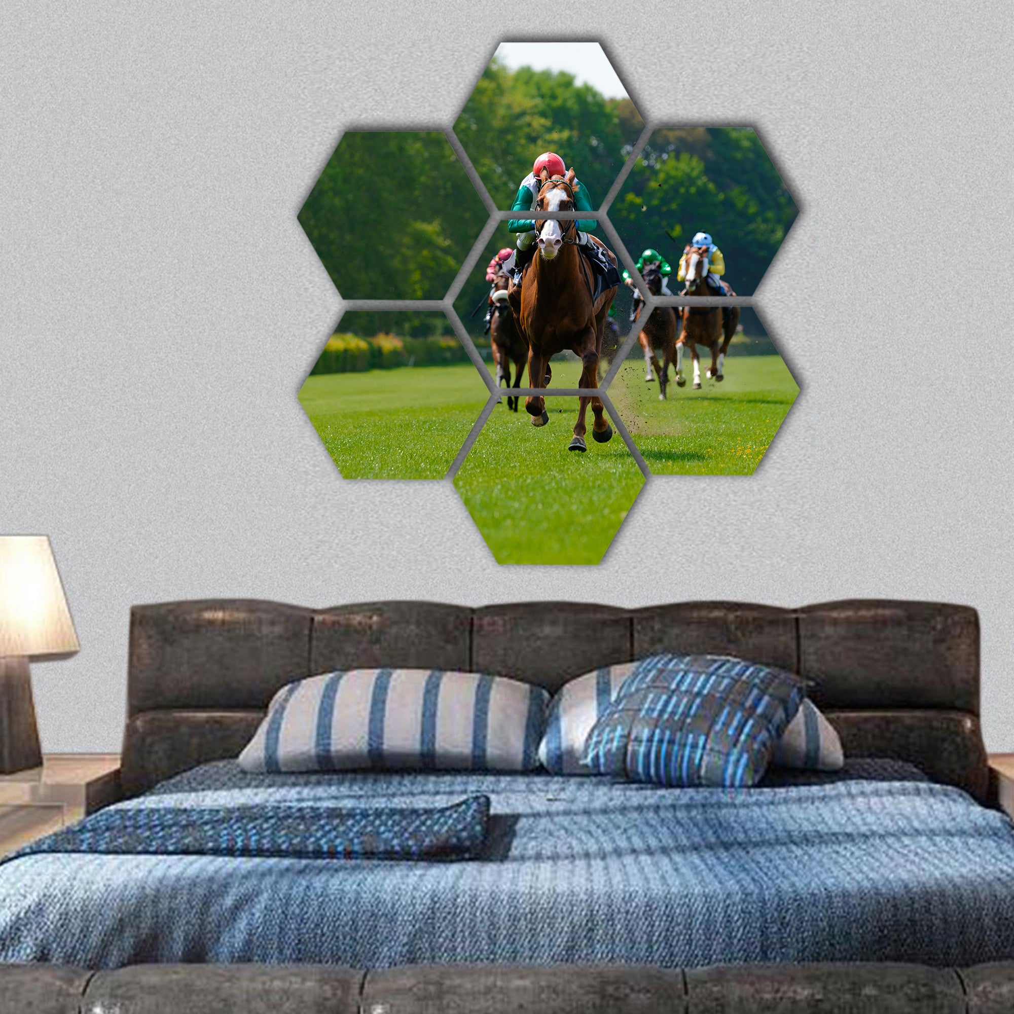 Several racehorses with jockeys during a horse race hexagonal canvas wall art