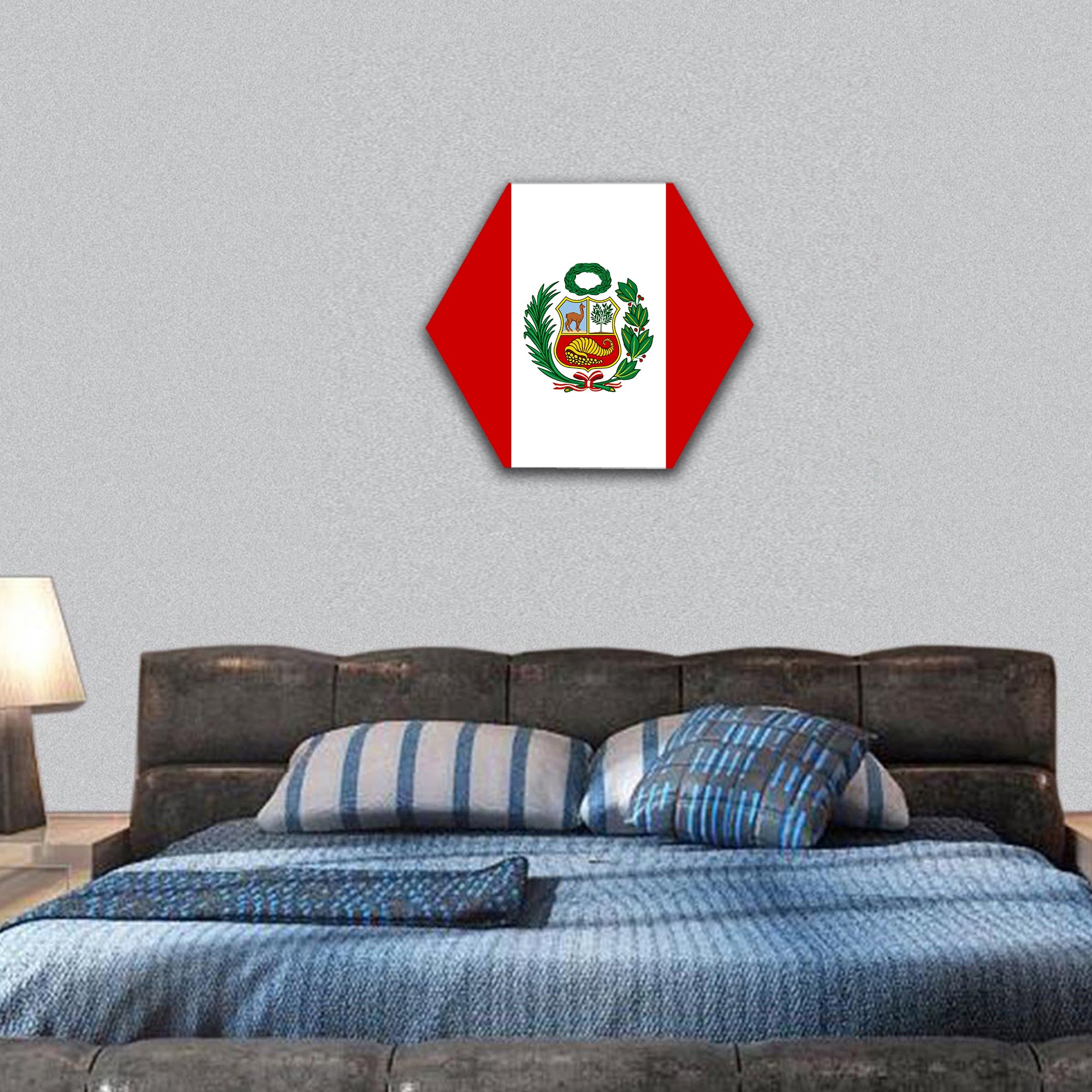 Peruvian flag with National Emblem hexagonal canvas wall art