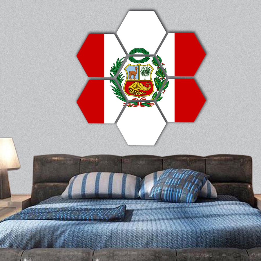 Peruvian flag with National Emblem hexagonal canvas wall art