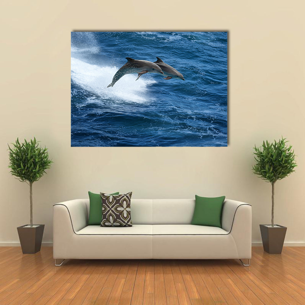 Wild nature background - two jumping dolphins in stormy sea Multi Panel Canvas Wall Art