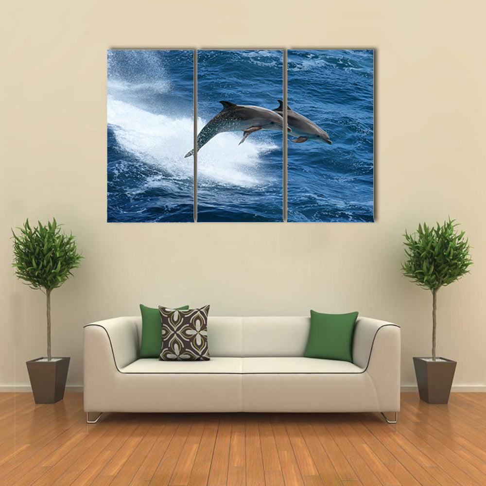 Wild nature background - two jumping dolphins in stormy sea Multi Panel Canvas Wall Art