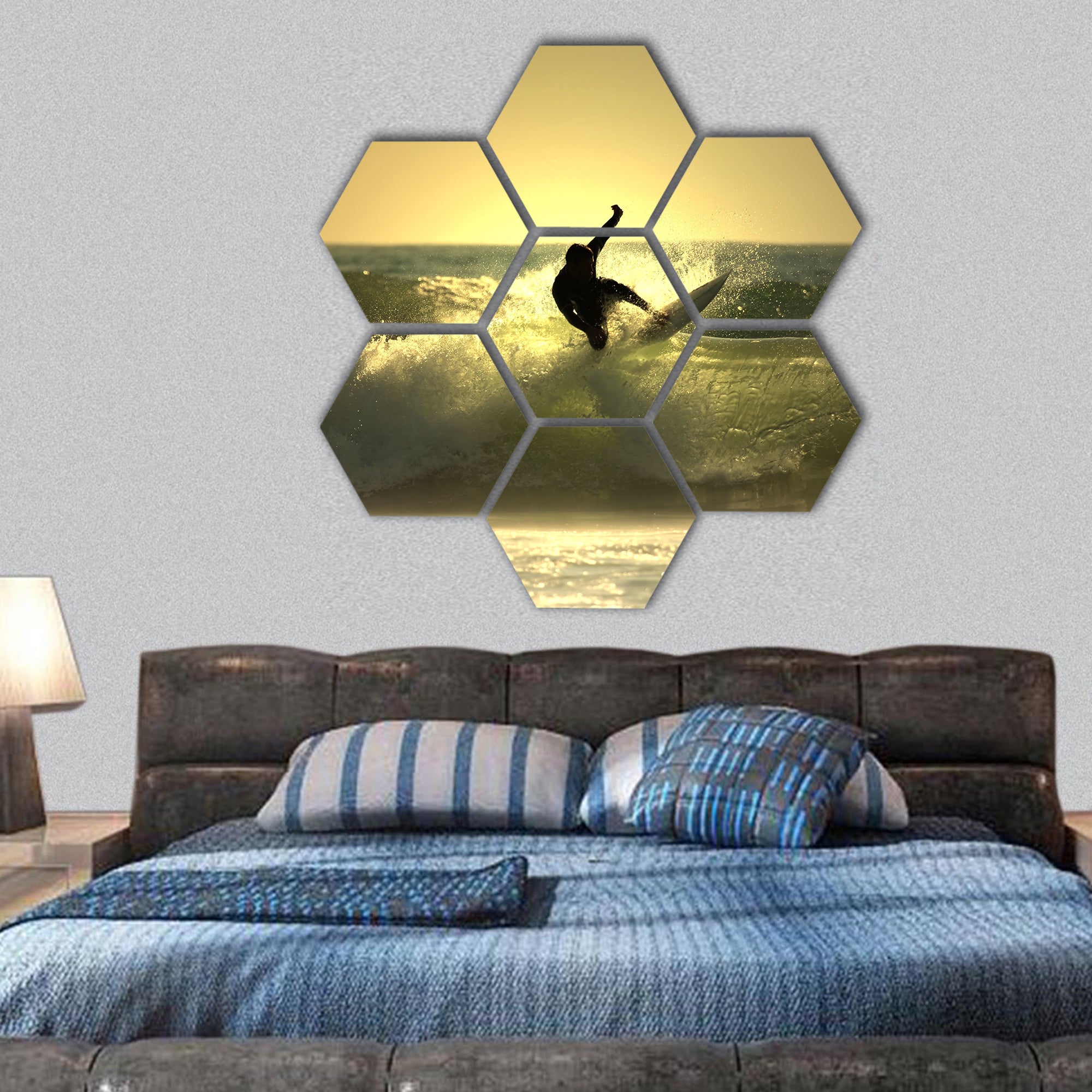 Sunset surfer hexagonal canvas wall art