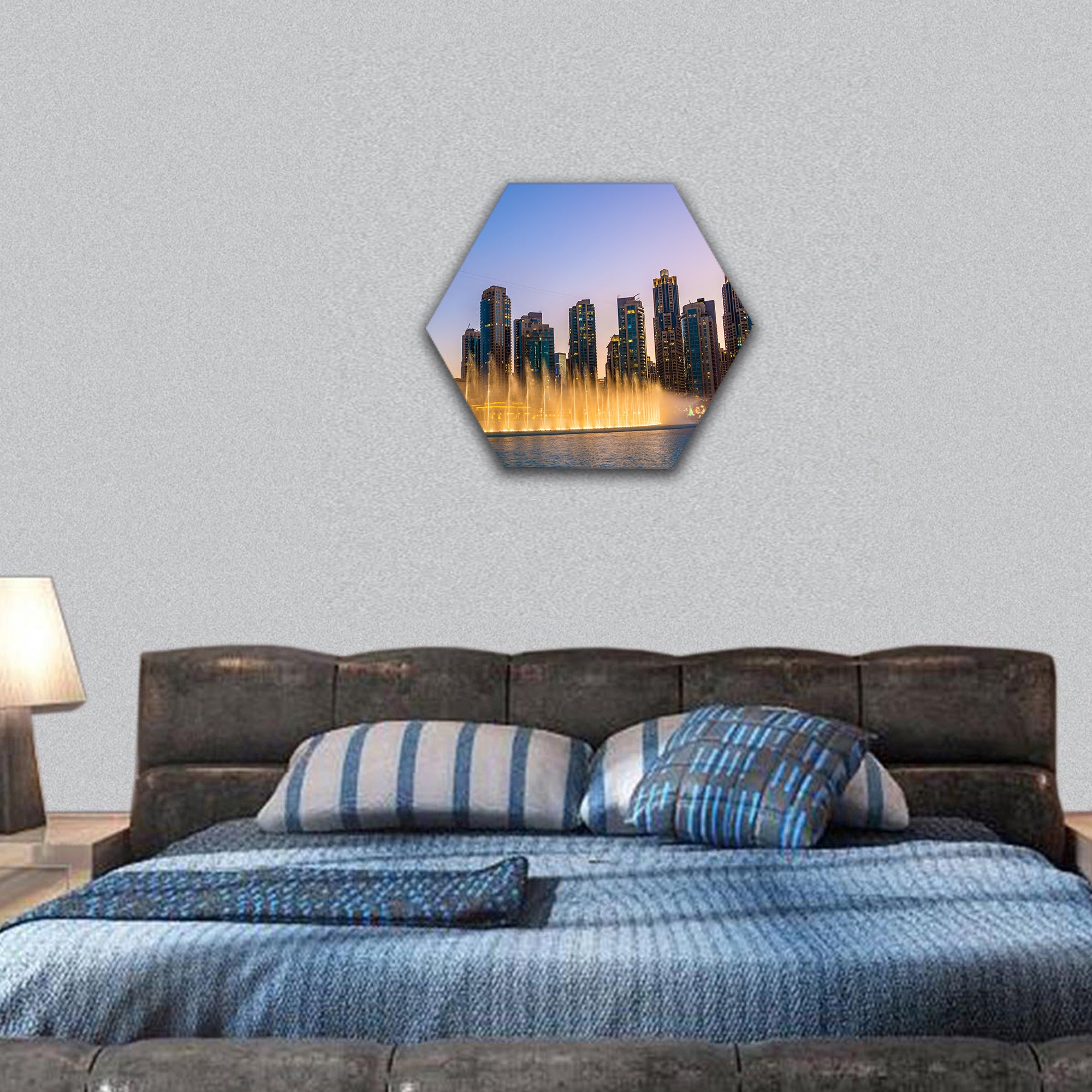 Choreographed Dubai Fountain in the evening - UAE hexagonal canvas wall art