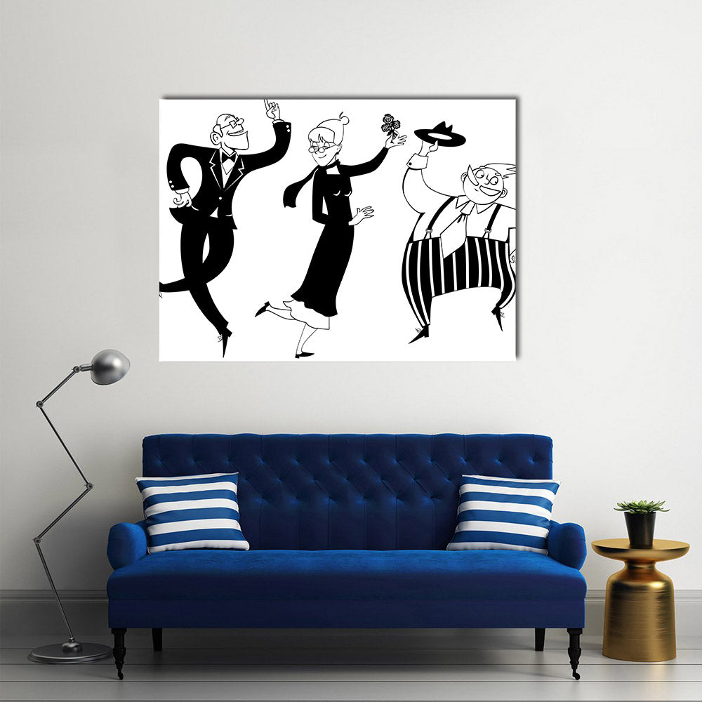 Two senior couples dancing swing or Big Apple, black vector line art, no white objects Multi Panel Canvas Wall Art
