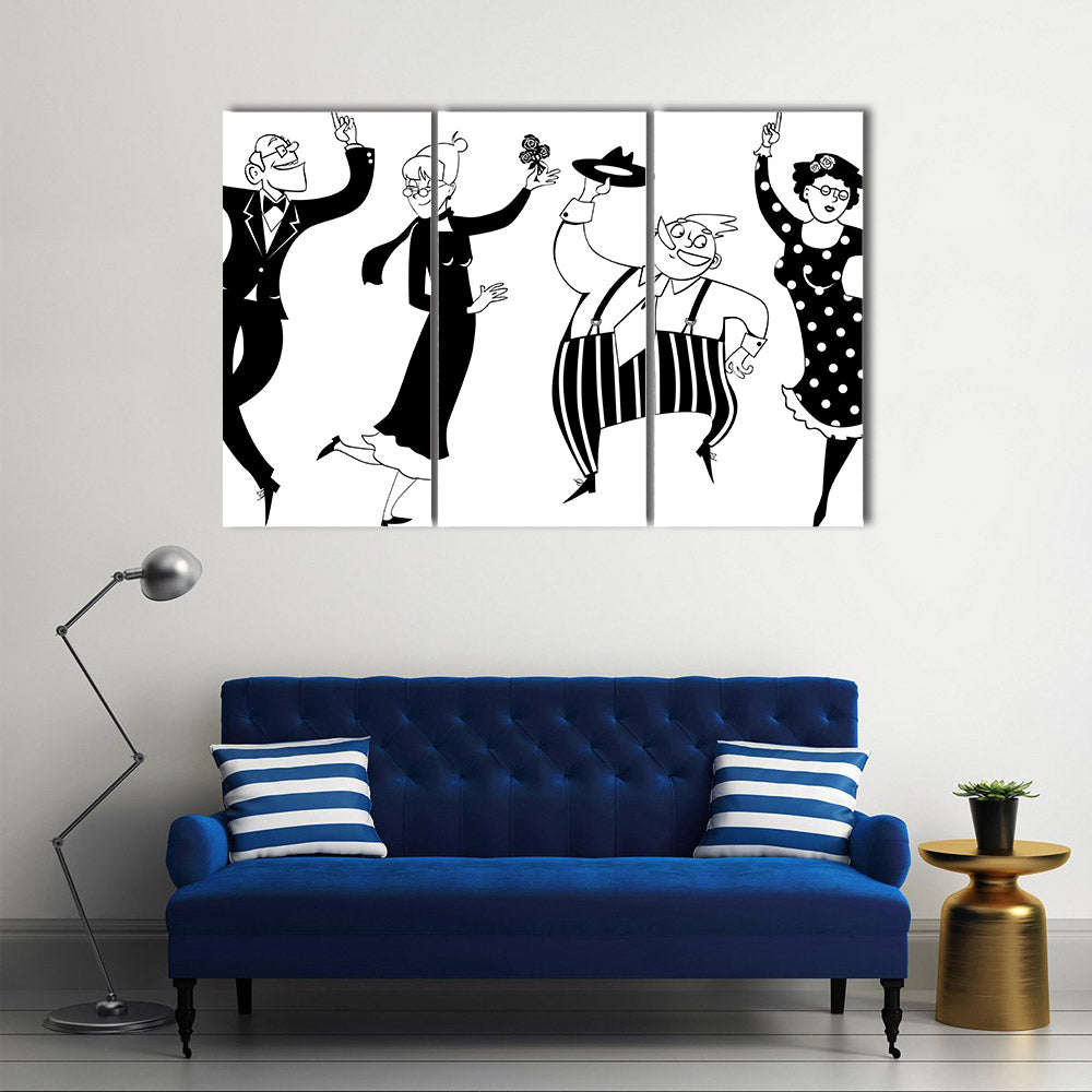 Two senior couples dancing swing or Big Apple, black vector line art, no white objects Multi Panel Canvas Wall Art