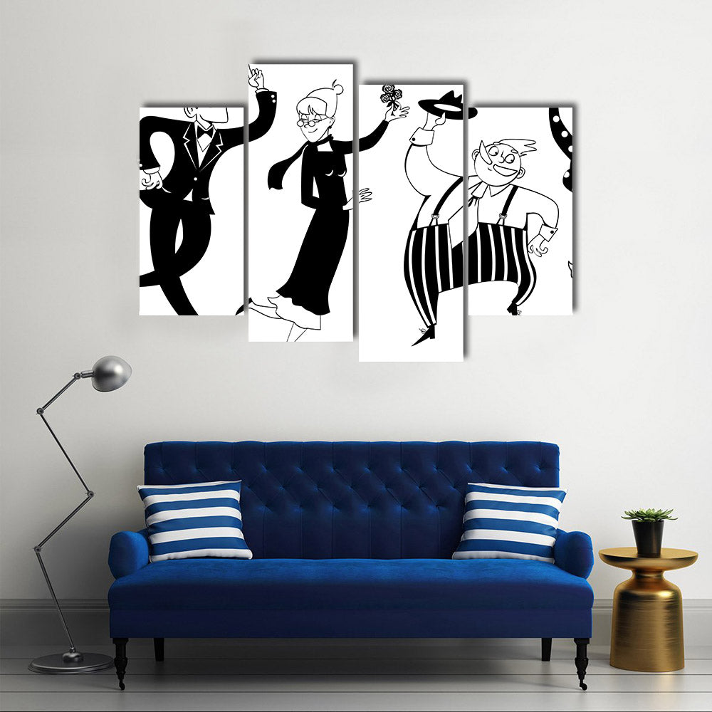 Two senior couples dancing swing or Big Apple, black vector line art, no white objects Multi Panel Canvas Wall Art