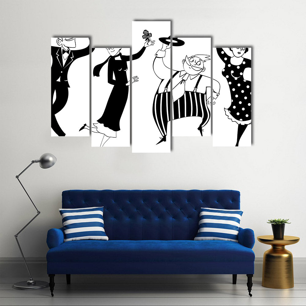Two senior couples dancing swing or Big Apple, black vector line art, no white objects Multi Panel Canvas Wall Art