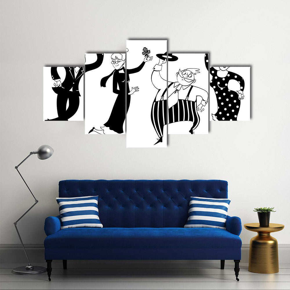 Two senior couples dancing swing or Big Apple, black vector line art, no white objects Multi Panel Canvas Wall Art