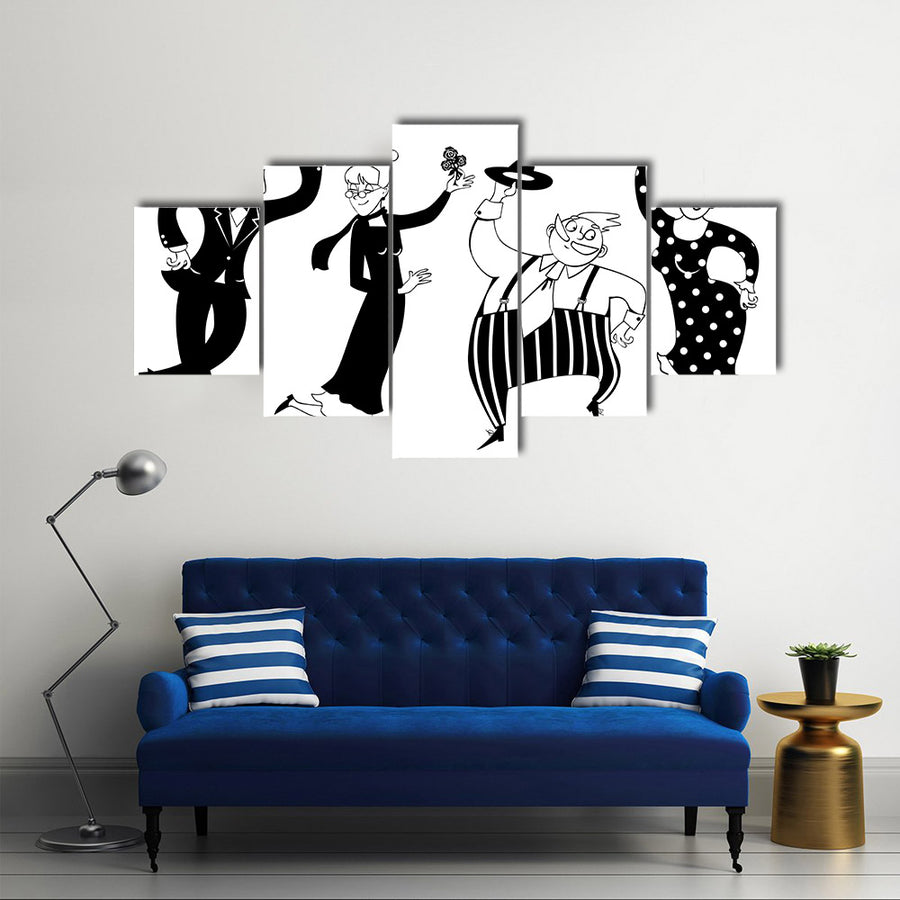Two senior couples dancing swing or Big Apple, black vector line art, no white objects Multi Panel Canvas Wall Art
