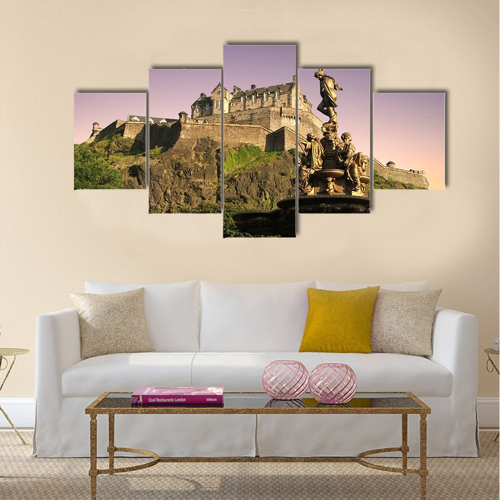Edinburgh Castle at dusk from Princes St Gardens Multi Panel Canvas Wall Art