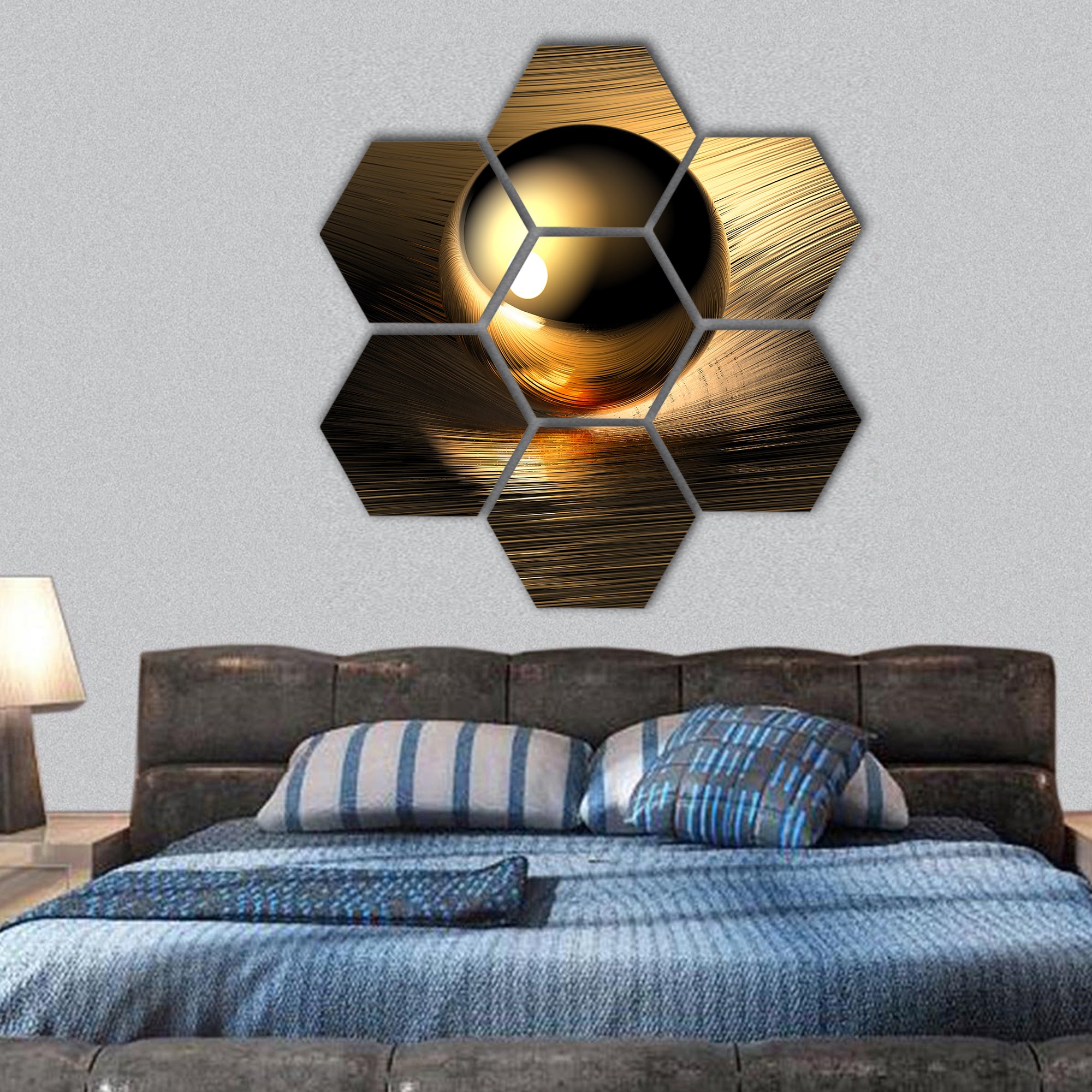 Gold sphere is affecting space hexagonal canvas wall art