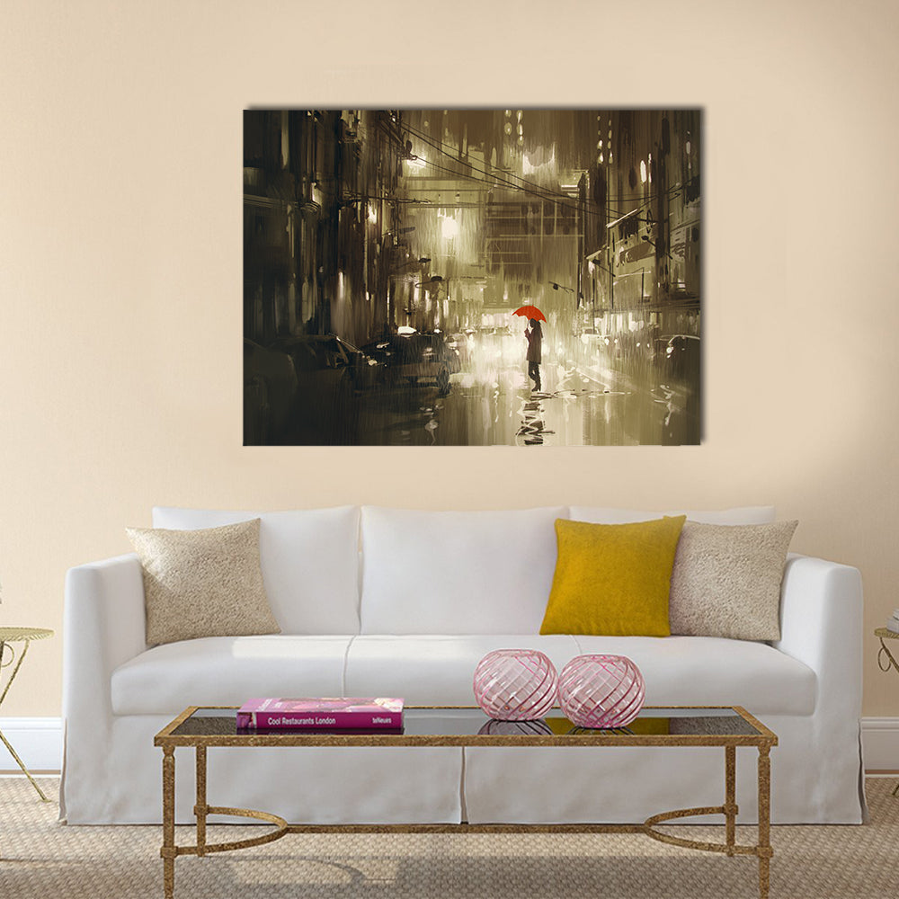 Woman with red umbrella crossing the street Multi Panel Canvas Wall Art
