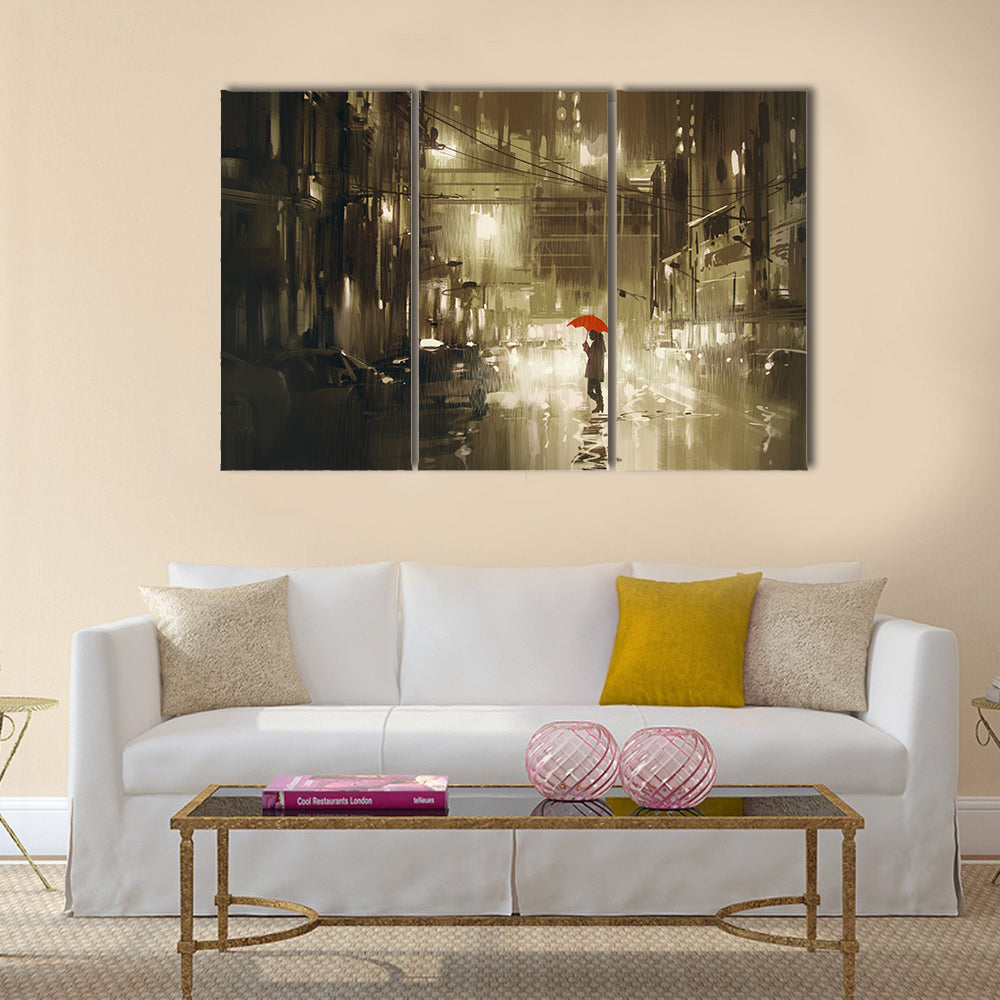 Woman with red umbrella crossing the street Multi Panel Canvas Wall Art