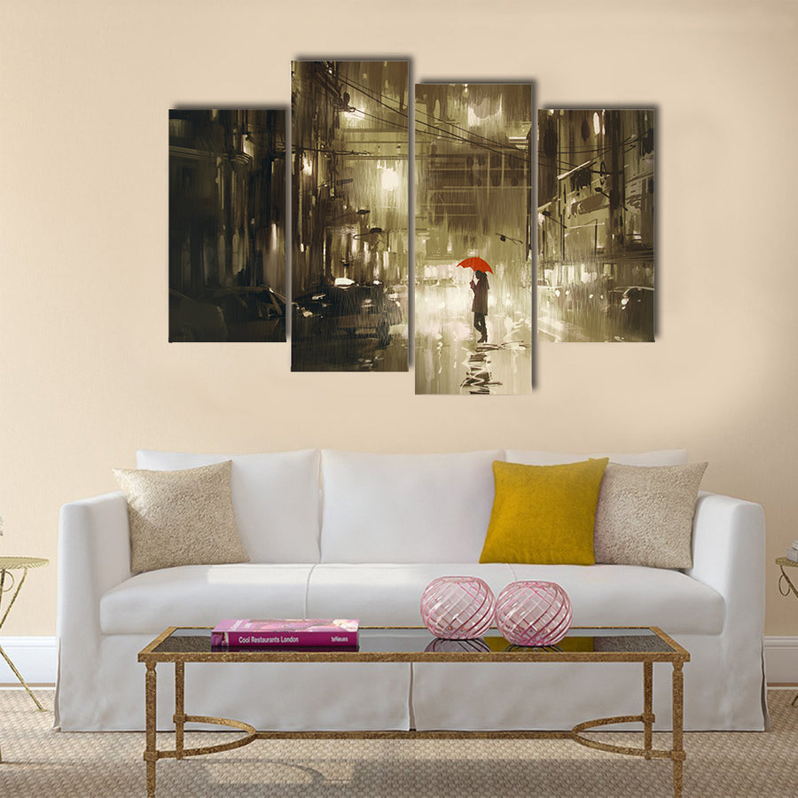 Woman with red umbrella crossing the street Multi Panel Canvas Wall Art