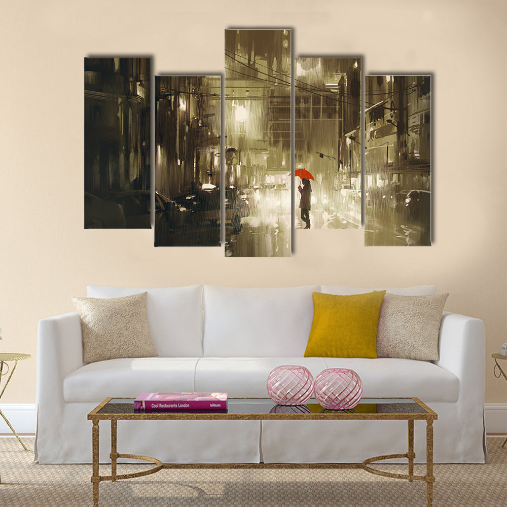Woman with red umbrella crossing the street Multi Panel Canvas Wall Art