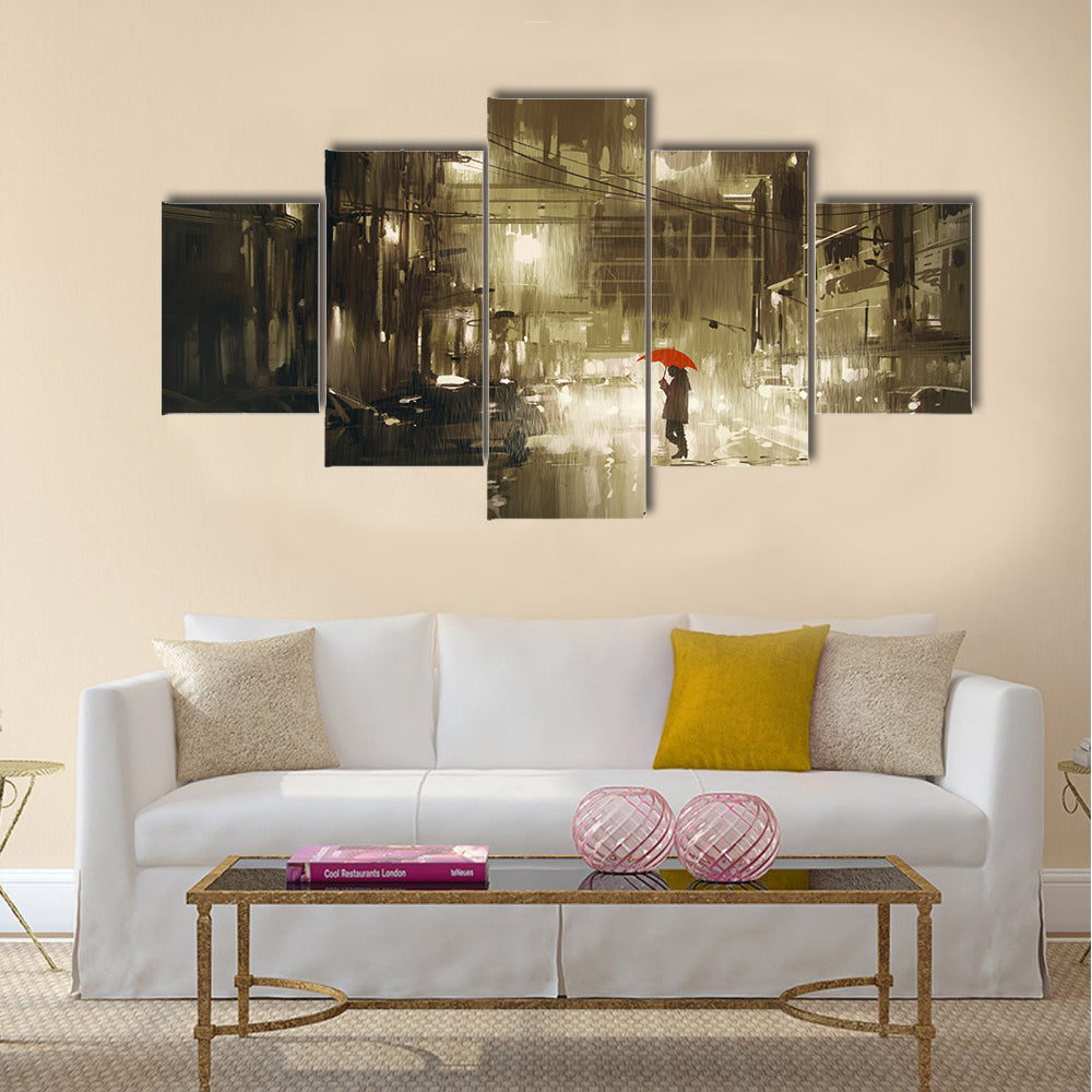 Woman with red umbrella crossing the street Multi Panel Canvas Wall Art