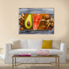 Healthy fat salmon, avocado, oil, nuts, Selective focus, Multi panel canvas wall art