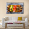 Healthy fat salmon, avocado, oil, nuts, Selective focus, Multi panel canvas wall art