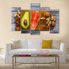 Healthy fat salmon, avocado, oil, nuts, Selective focus, Multi panel canvas wall art