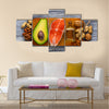 Healthy fat salmon, avocado, oil, nuts, Selective focus, Multi panel canvas wall art