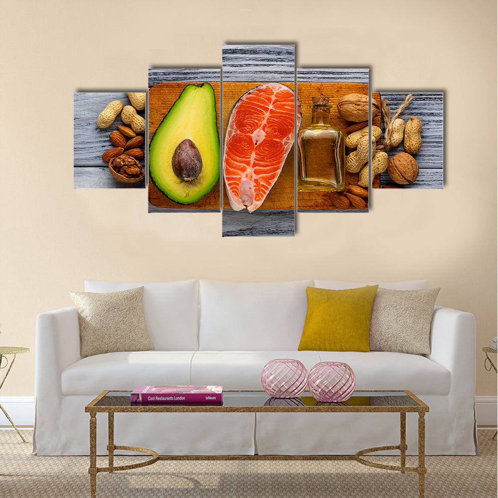 Healthy fat salmon, avocado, oil, nuts, Selective focus, Multi panel canvas wall art