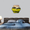 Golf ball on tee in front of driver hexagonal canvas wall art