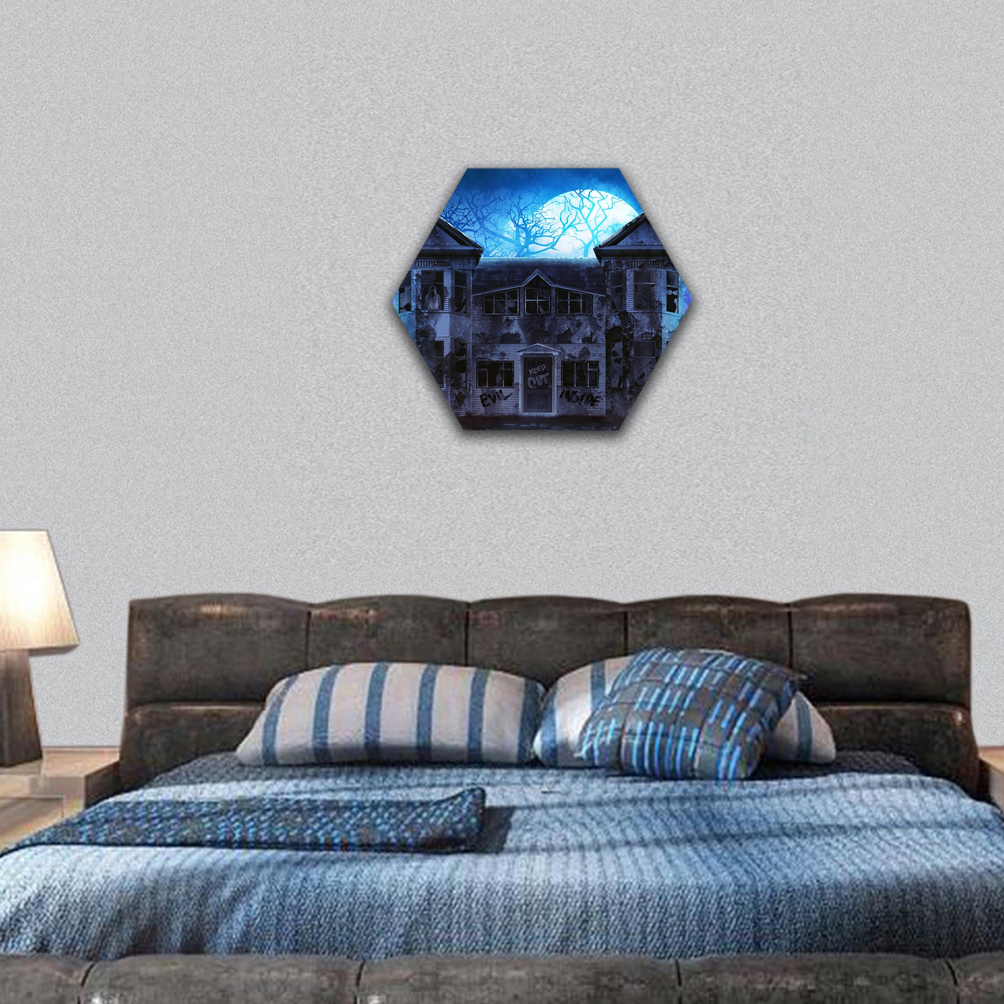 Haunted horror house hexagonal canvas wall art