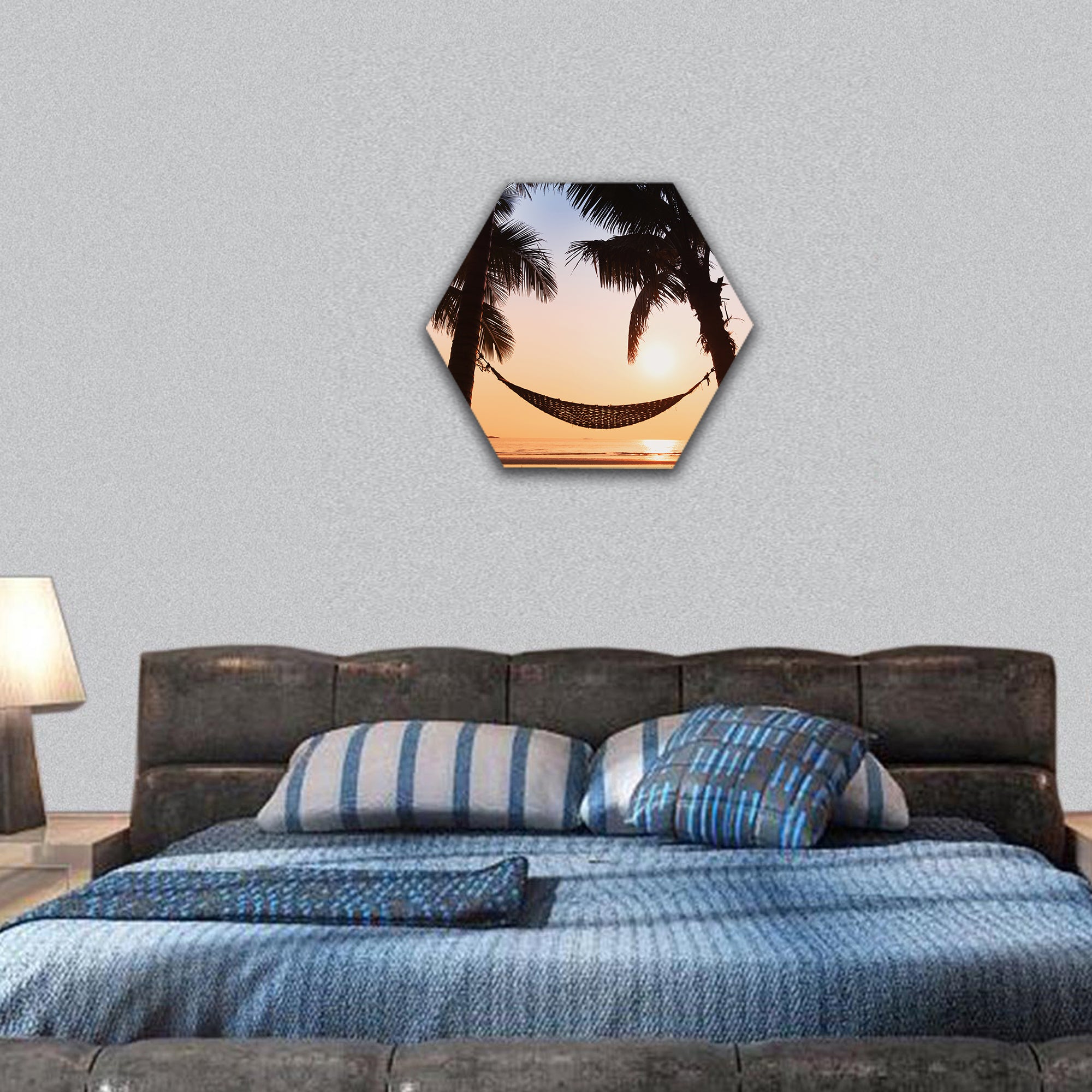 hammock and palm trees on the beach hexagonal canvas wall art