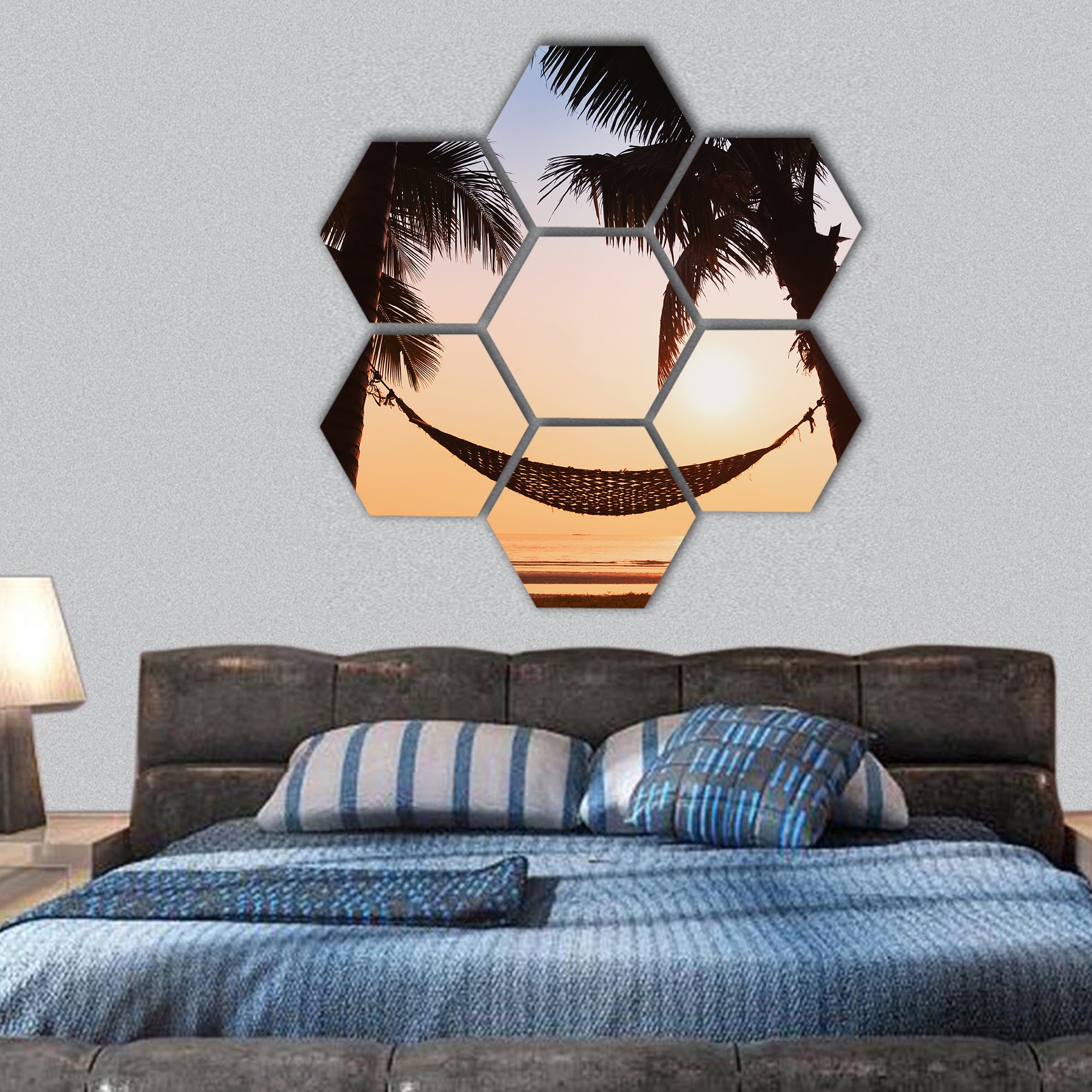 hammock and palm trees on the beach hexagonal canvas wall art