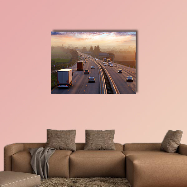 Traffic on highway with cars multi panel canvas wall art