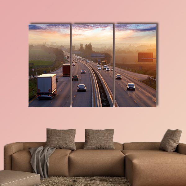 Traffic on highway with cars multi panel canvas wall art