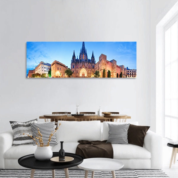 Cathedral of Barcelona, Gothic city at night, Panoramic Canvas Wall Art