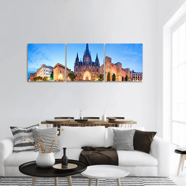 Cathedral of Barcelona, Gothic city at night, Panoramic Canvas Wall Art