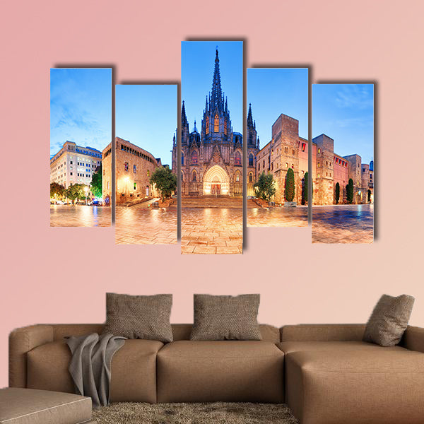 Cathedral of Barcelona, Gothic city at night multi panel canvas wall art