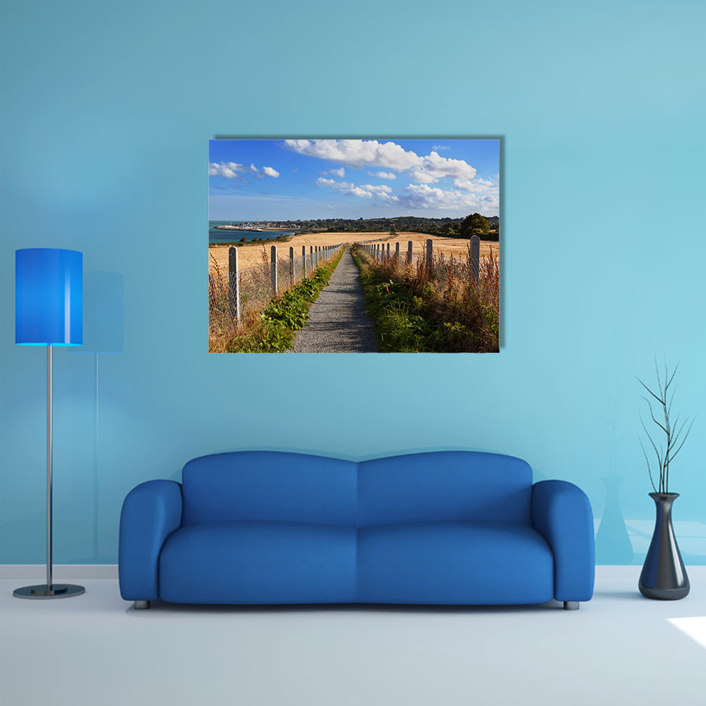 Narrow road with field of wheat on the sides with sea and city wall art