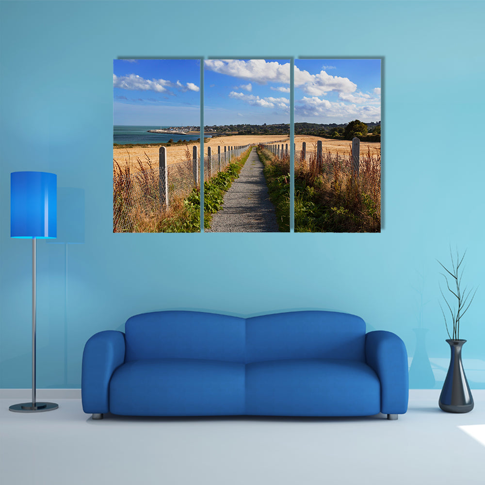 Narrow road with field of wheat on the sides with sea and city wall art