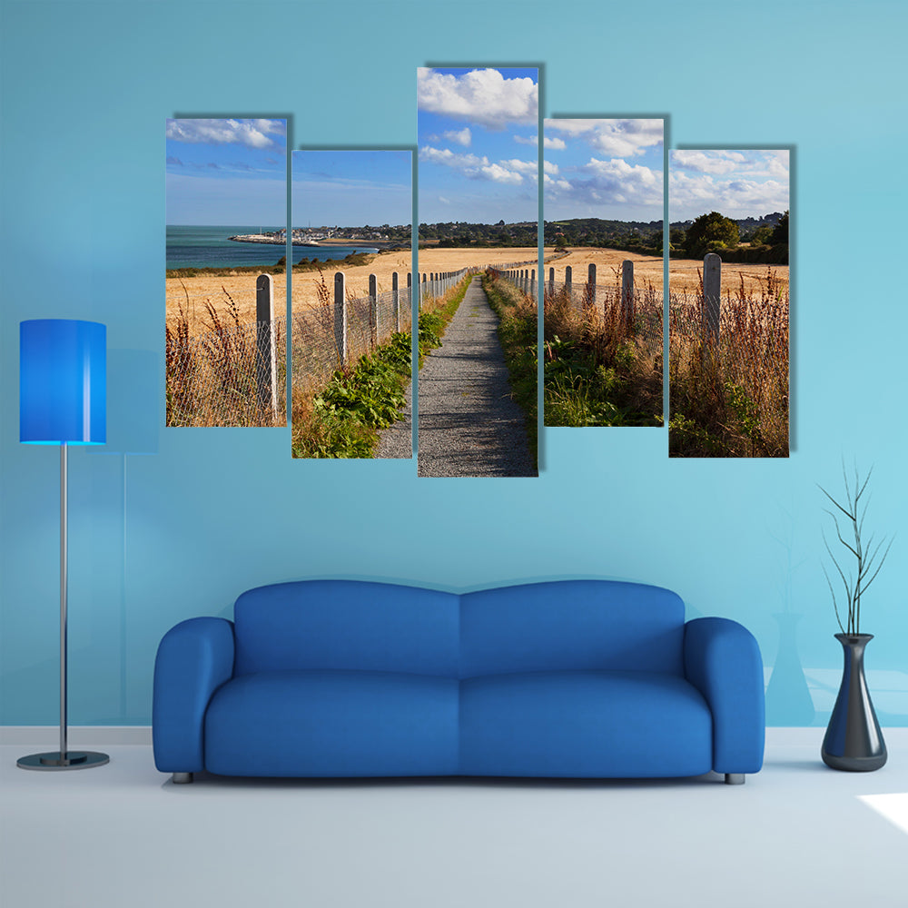 Narrow road with field of wheat on the sides with sea and city wall art
