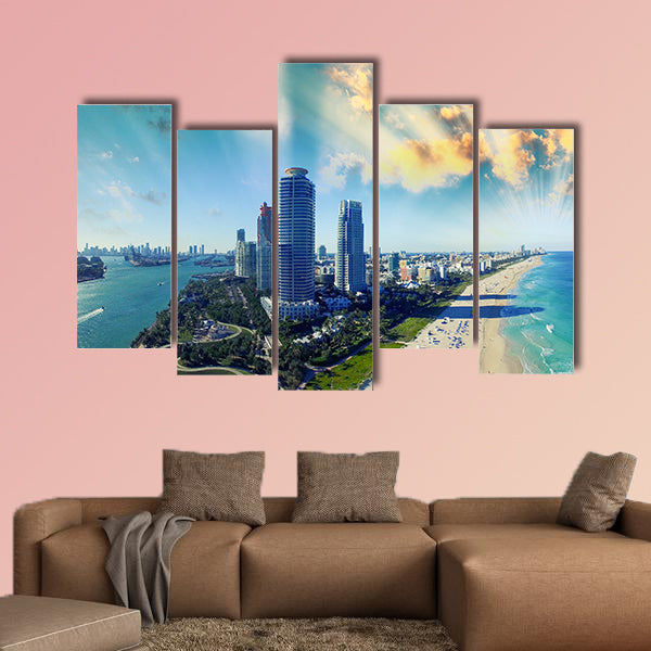 Miami Downtown skyline in daytime with Biscayne Bay Multi panel canvas wall art