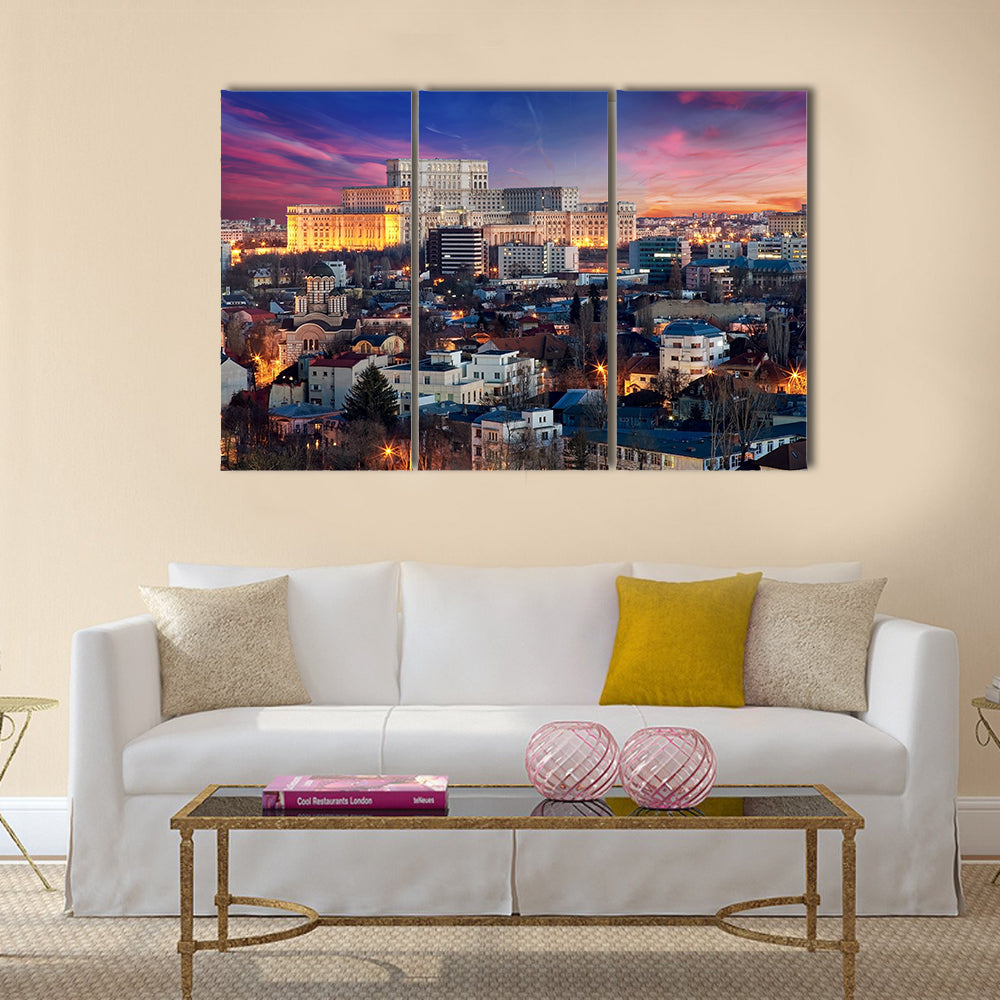 Bucharest Aerial View of Parliament Palace at Sunset Multi panel canvas wall art