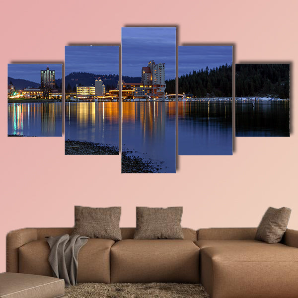 The panoramic view of downtown Coeur d'Alene Multi panel canvas wall art.