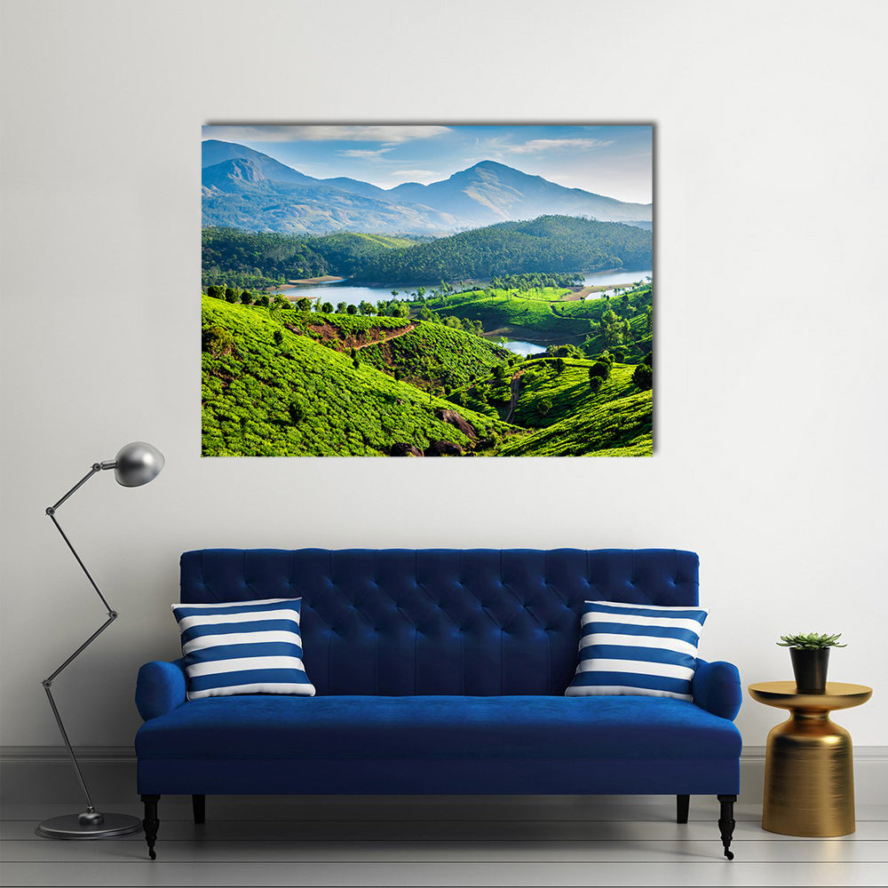 Tea plantations and Muthirappuzhayar River in hills near Munnar, Kerala, India Multi Panel Canvas Wall Art