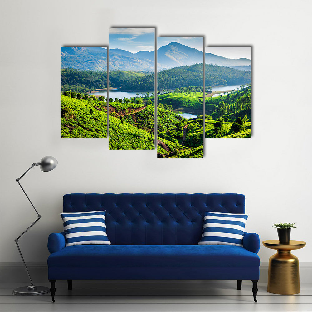 Tea plantations and Muthirappuzhayar River in hills near Munnar, Kerala, India Multi Panel Canvas Wall Art