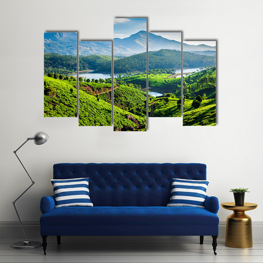 Tea plantations and Muthirappuzhayar River in hills near Munnar, Kerala, India Multi Panel Canvas Wall Art