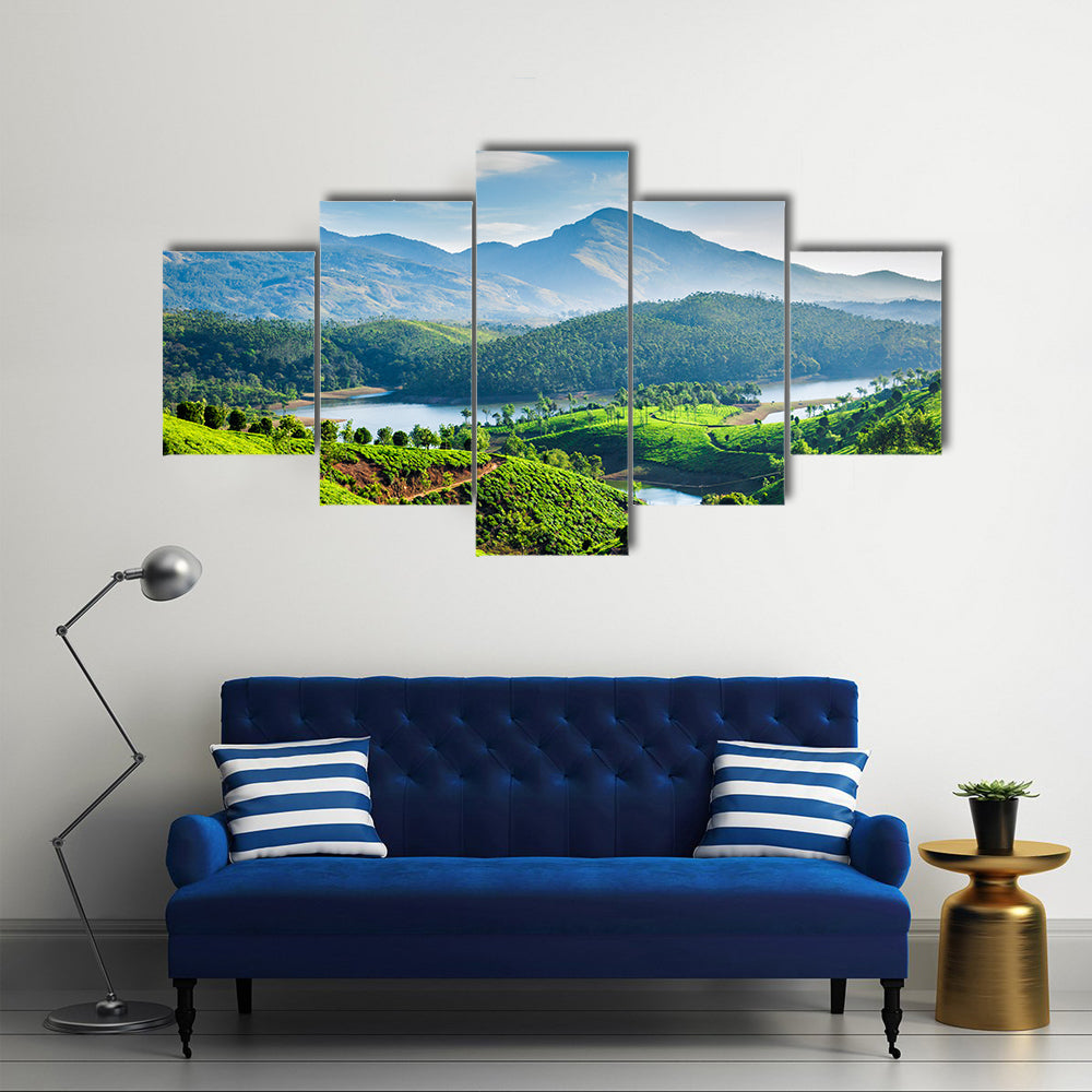 Tea plantations and Muthirappuzhayar River in hills near Munnar, Kerala, India Multi Panel Canvas Wall Art