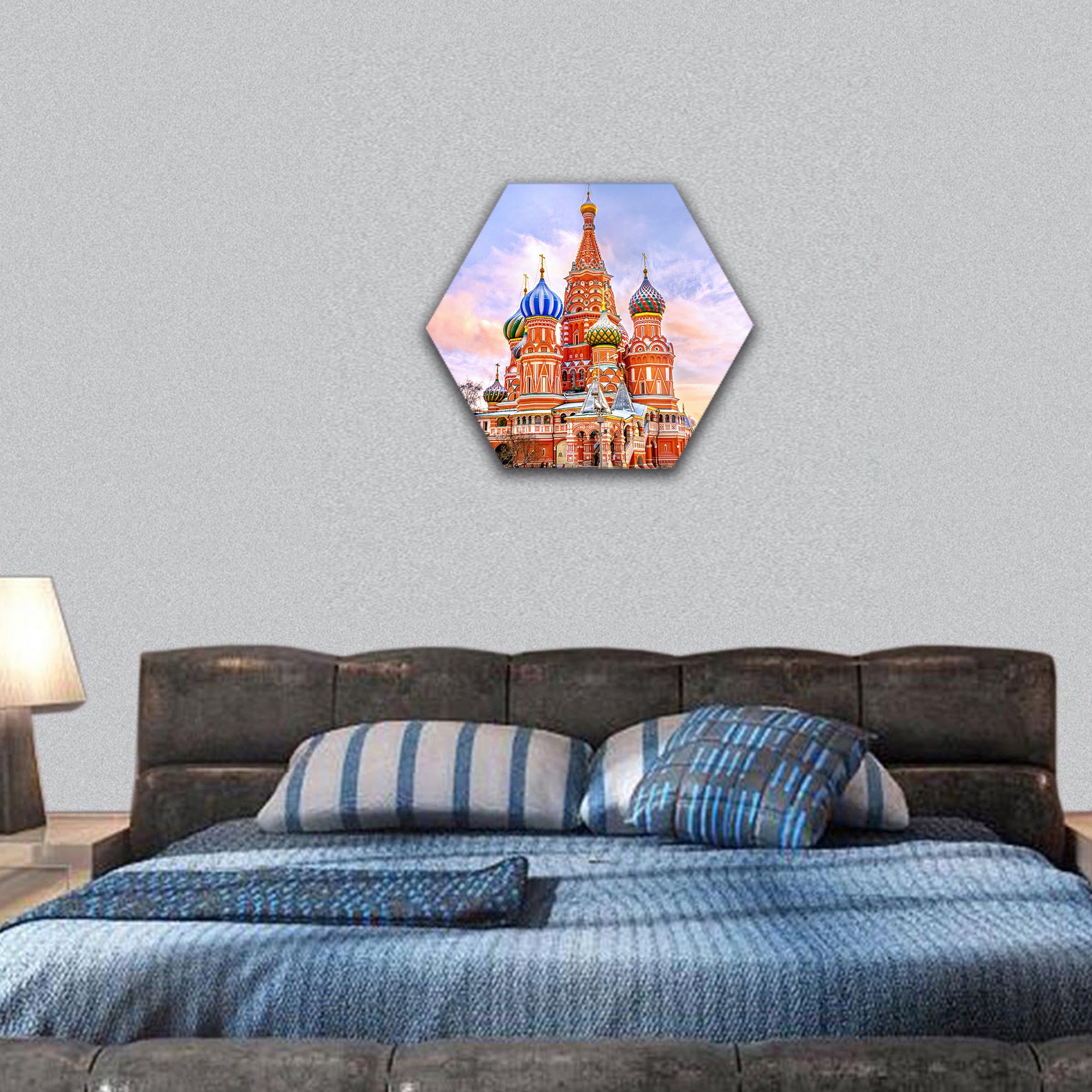 Saint Basil's Cathedral in Red Square in winter at sunset hexagonal canvas wall art