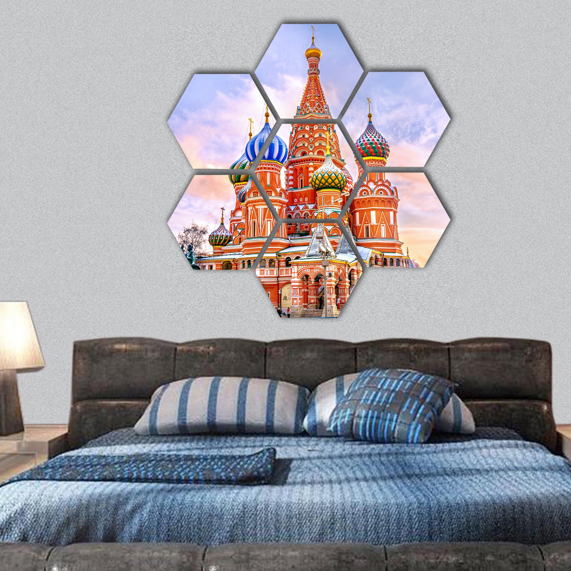 Saint Basil's Cathedral in Red Square in winter at sunset hexagonal canvas wall art