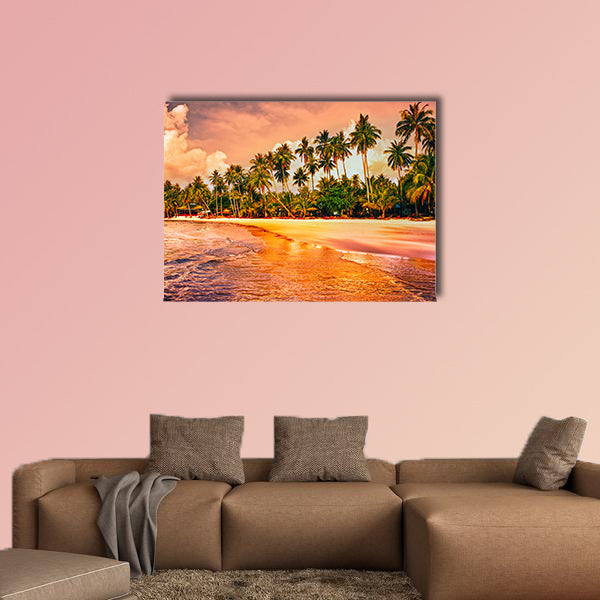 Beautiful tropical beach with palm trees at sunset Multi panel canvas wall art