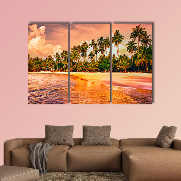 Beautiful tropical beach with palm trees at sunset Multi panel canvas wall art