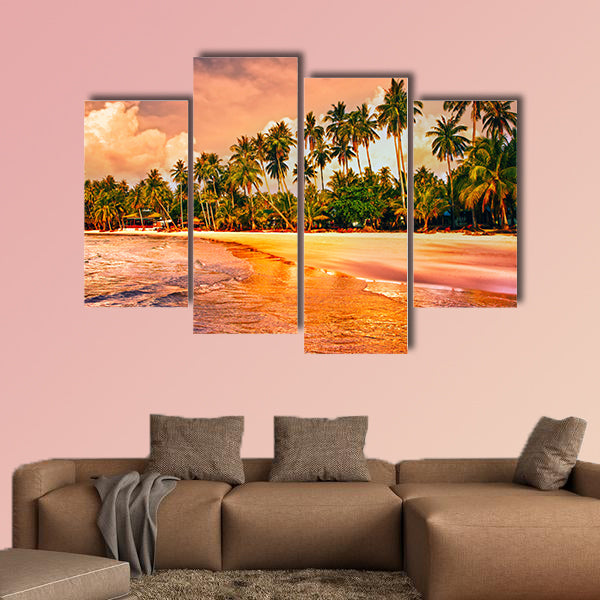 Beautiful tropical beach with palm trees at sunset Multi panel canvas wall art